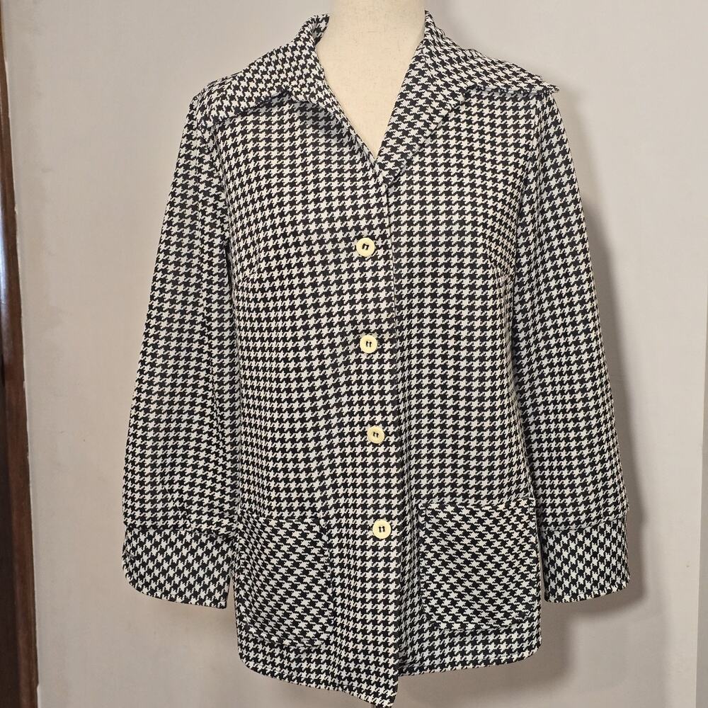 70s Womens Beeline Fashion‎ Vtg Black White Plaid Dagger Collar Blazer Jacket 14